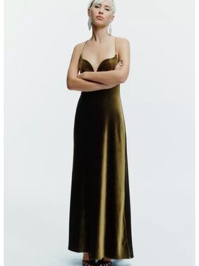 Zara Olive Green Velvet Slip Gown - Spaghetti Strap Maxi